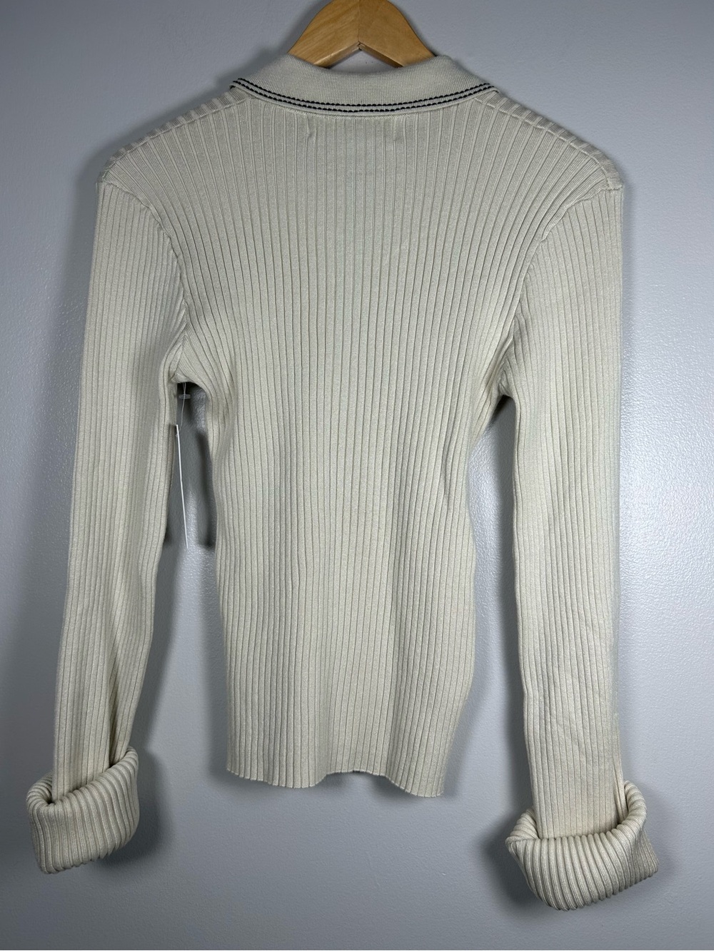 Rumored Ribbed Long Sleeve Polo Sweater Knit Top Cream Contrast Stitch - Picture 3 of 12